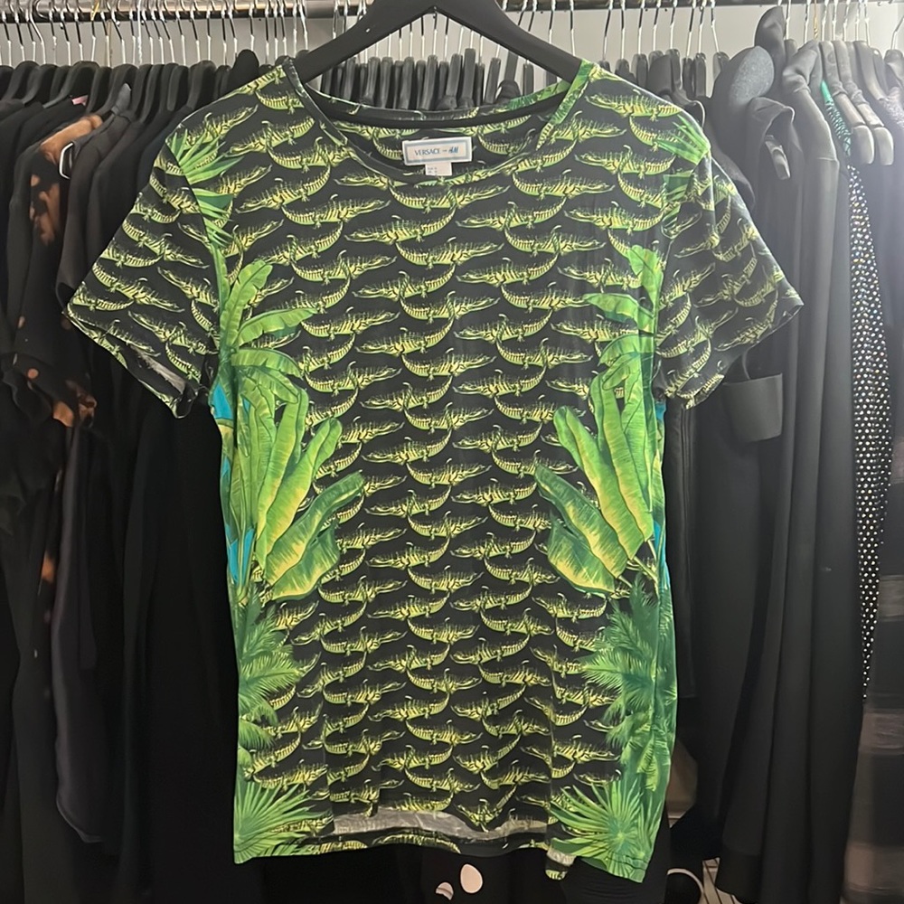 VERSACE for H&M Alligator Printed Short Sleeve T-Shirt Palm Leafs Medium